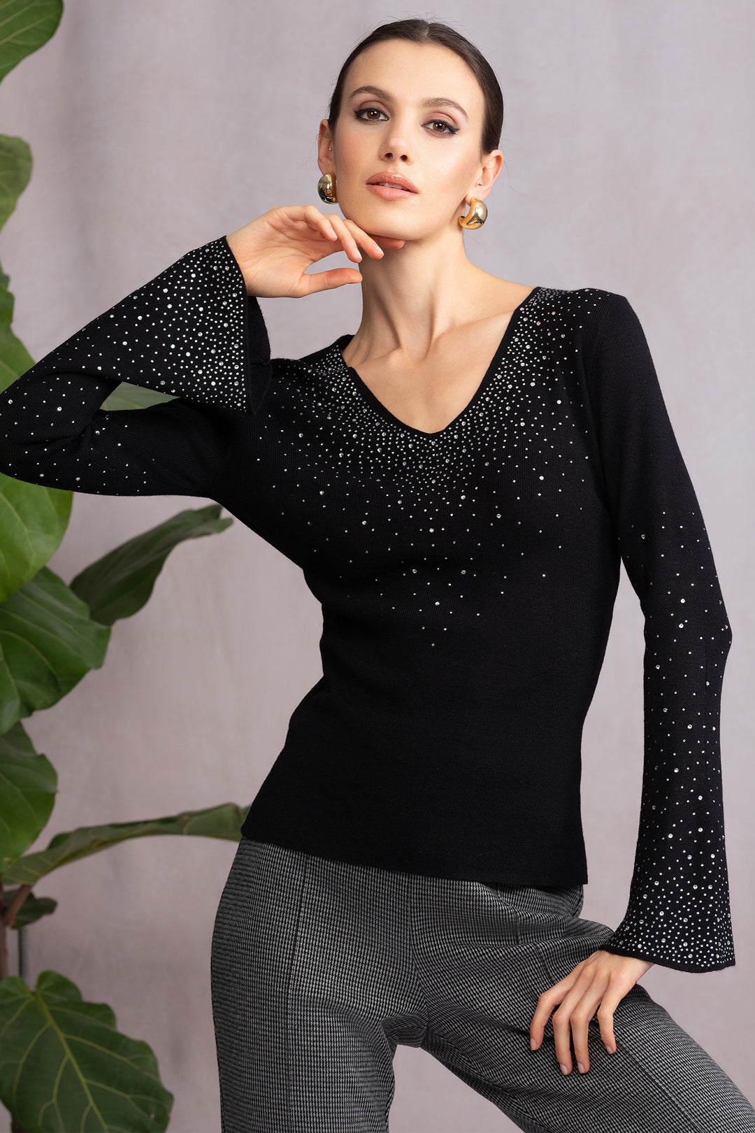 Alison Sheri A46469 Black Diamante V-Neck Jumper - Rouge Boutique Inverness