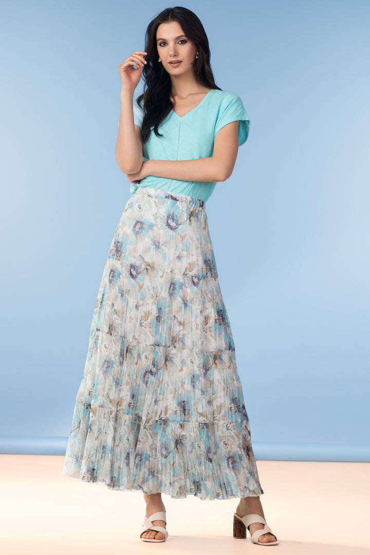 Alison Sheri A47330 Blue Abstract Floral Print Layered Maxi Skirt