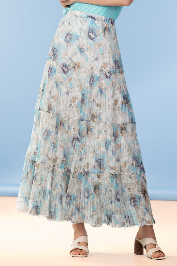 Alison Sheri A47330 Blue Abstract Floral Print Layered Maxi Skirt