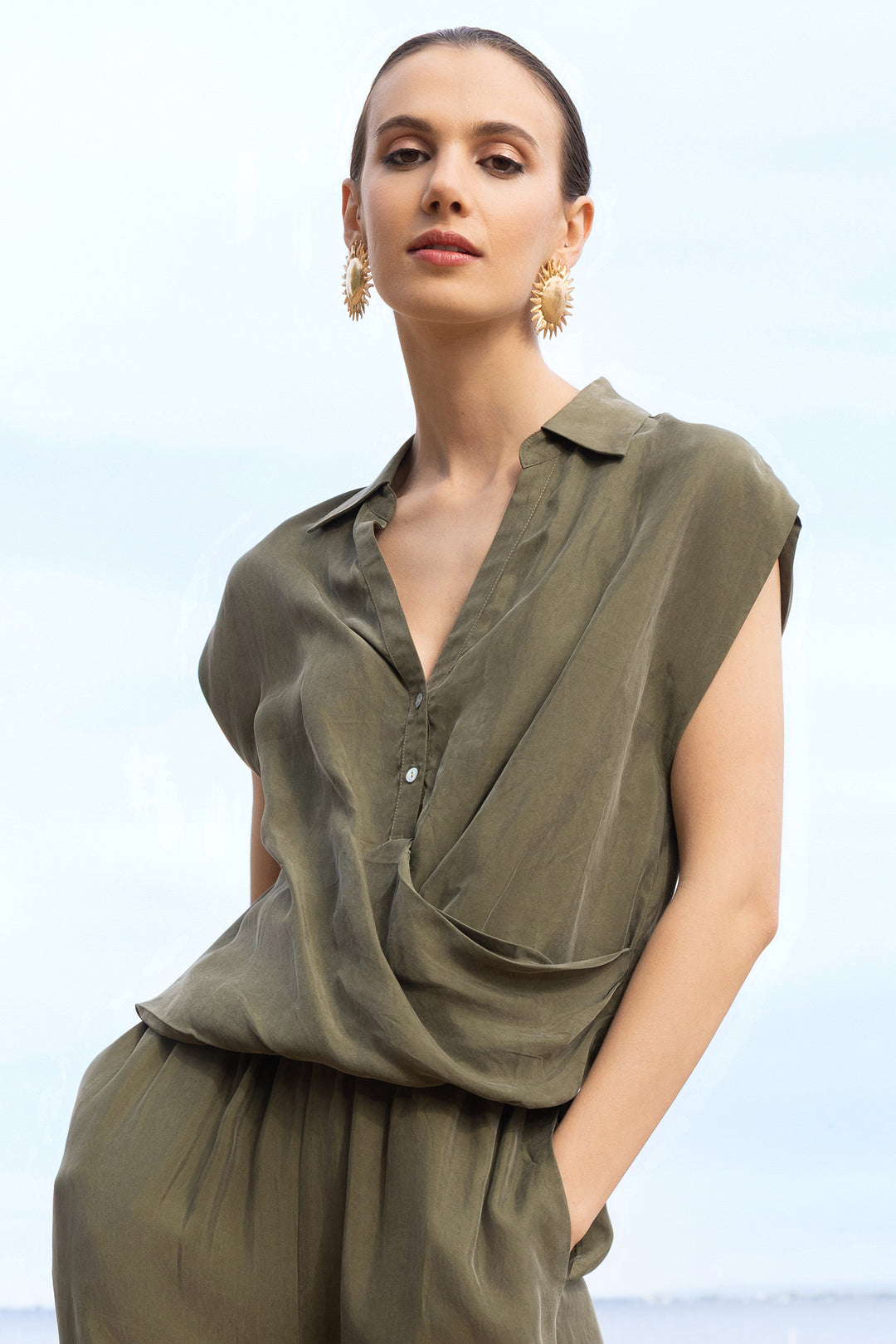 Alison Sheri A47535 Khaki Ruched Cap Sleeve Blouse