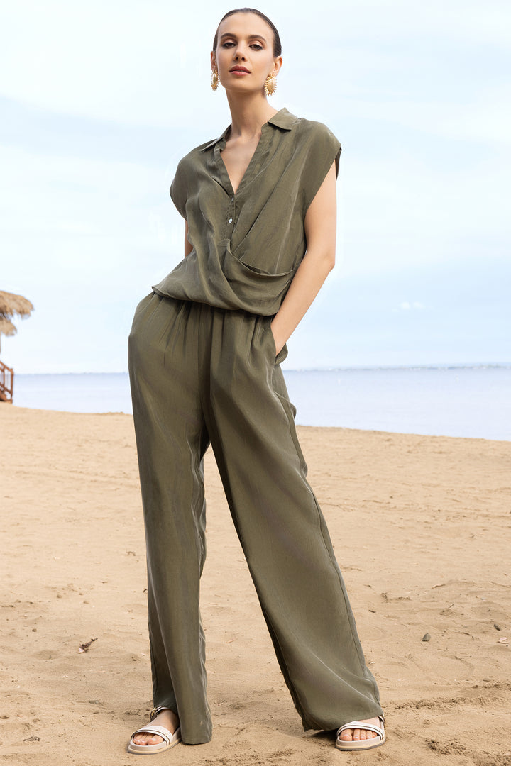 Alison Sheri A47535 Khaki Ruched Cap Sleeve Blouse