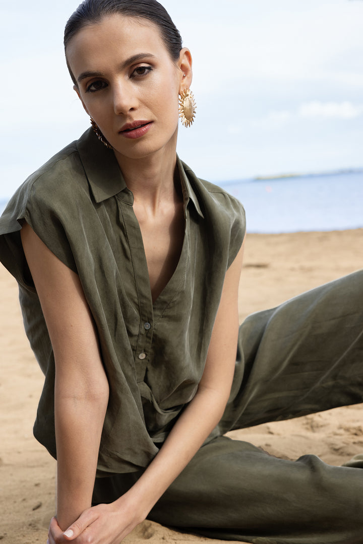 Alison Sheri A47535 Khaki Ruched Cap Sleeve Blouse