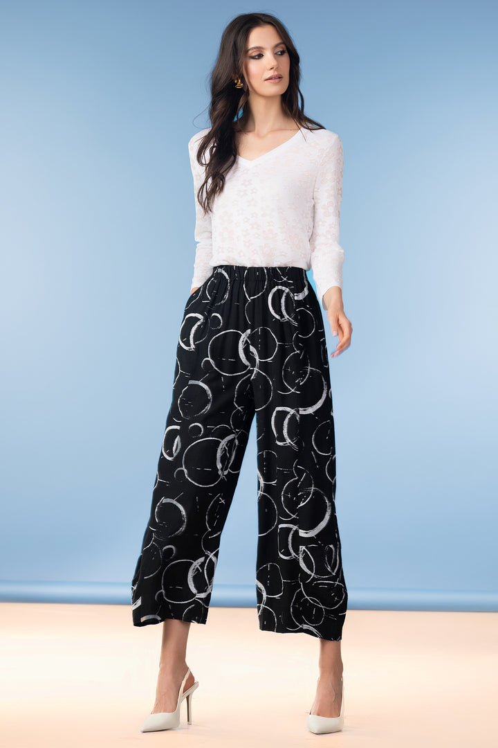 Alison Sheri A47608 Black Circle Print Wide Leg Capri Trousers
