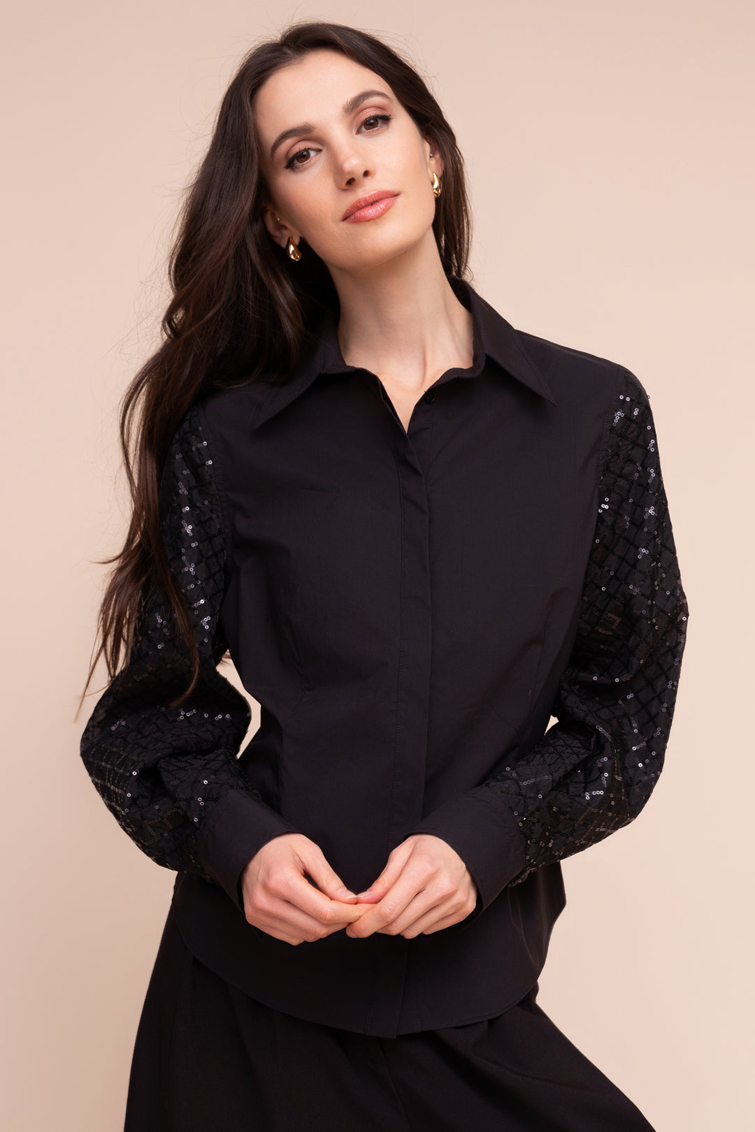 Alison Sheri A48137 black sequin sleeve shirt at Rouge Boutique