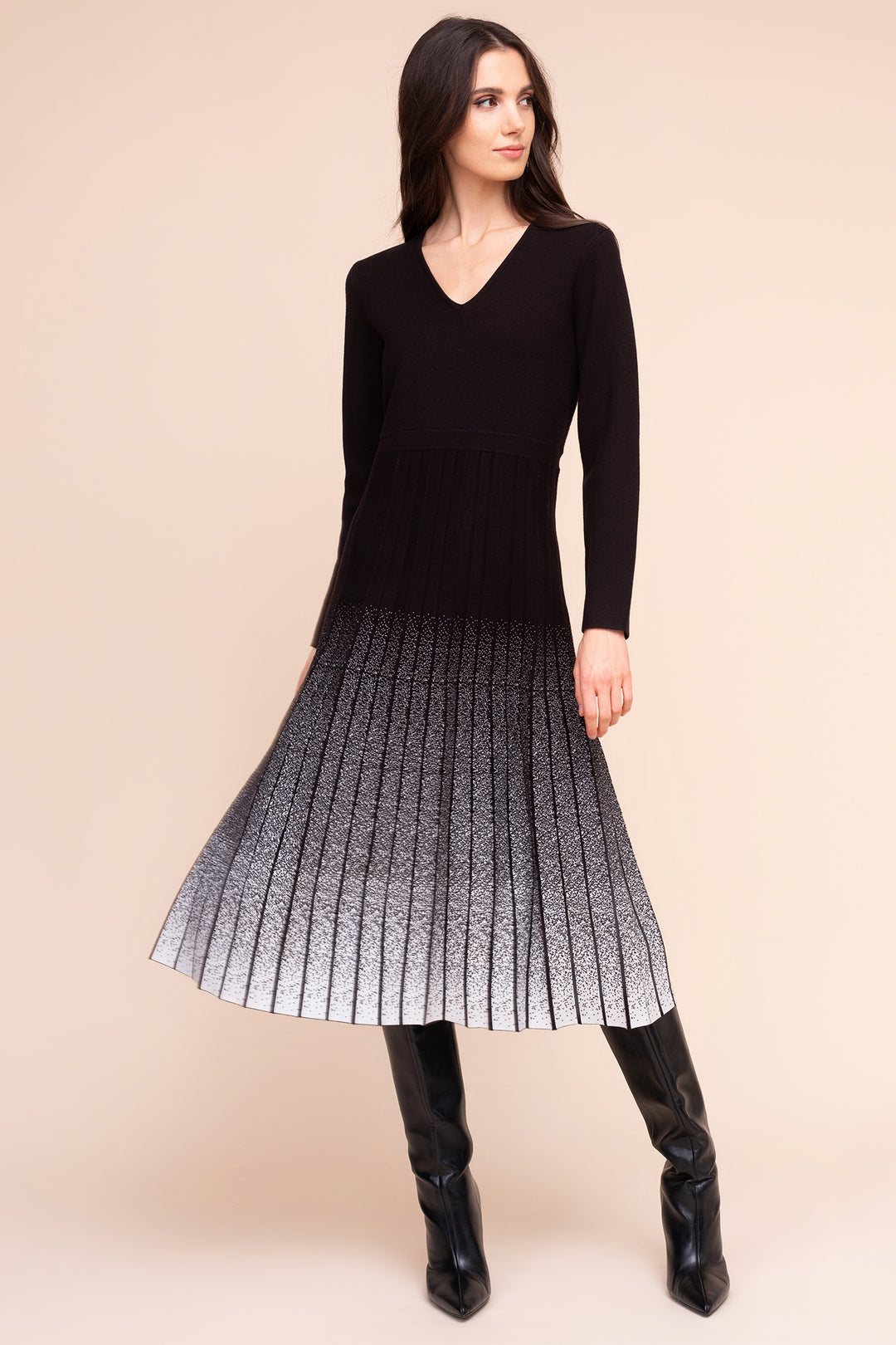 Alison Sheri A48391 black white pleated knit dress at Rouge Boutique