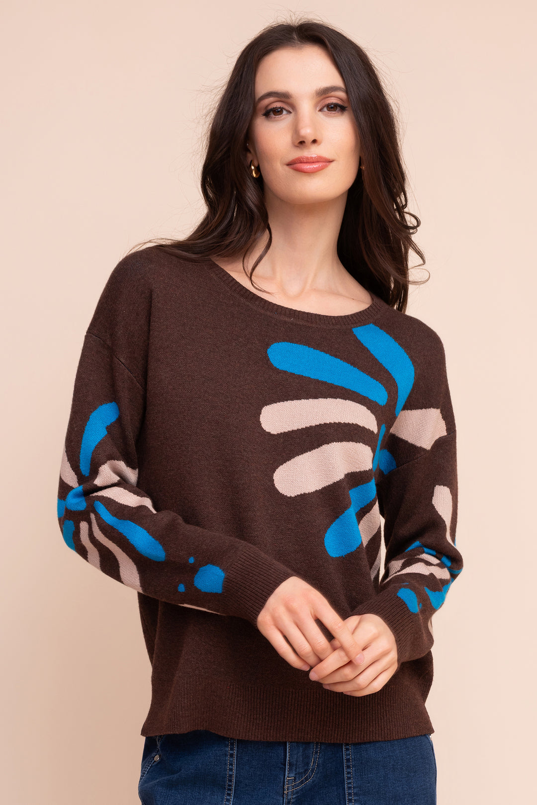 Alison Sheri A48195 chocolate brown abstract print jumper at Rouge Boutique