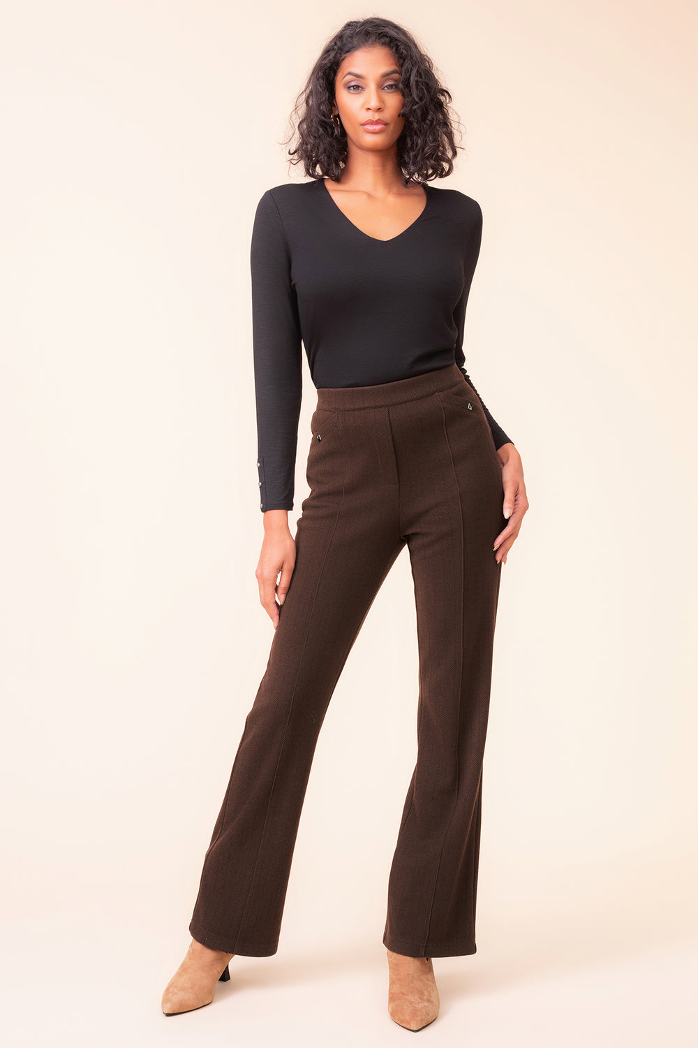 Alison Sheri A48162 chocolate brown herringbone trousers at Rouge Boutique