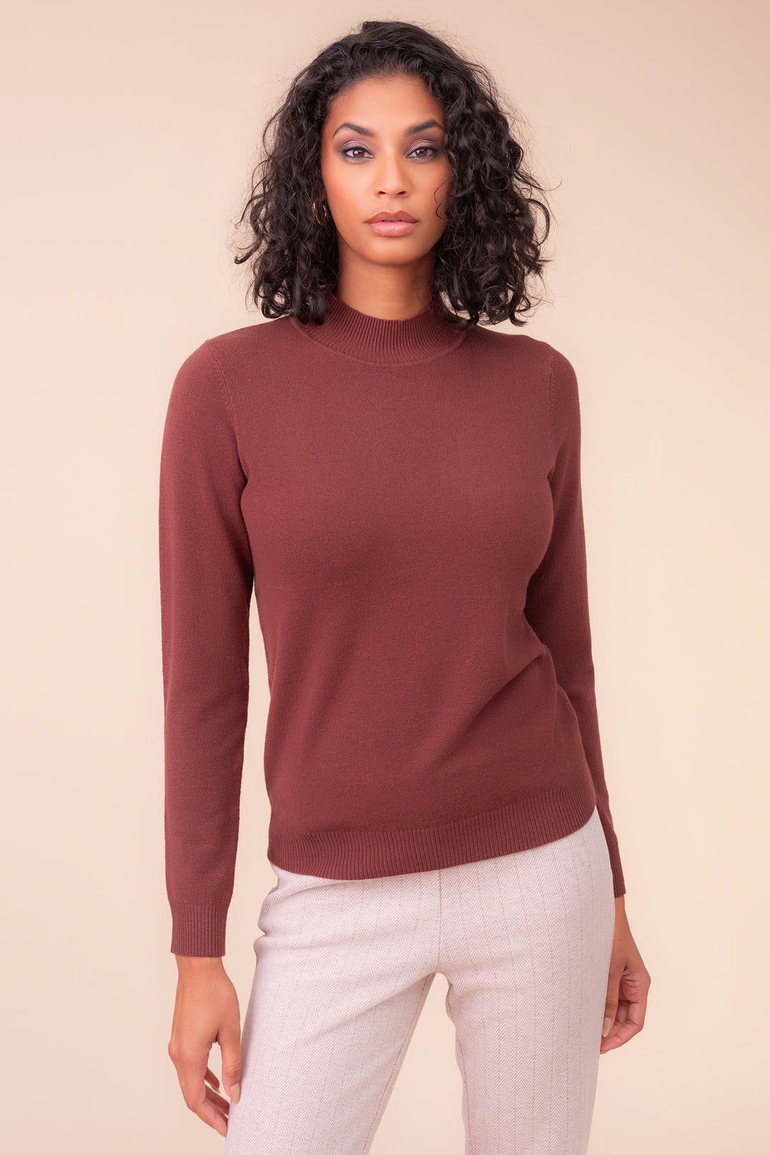 Alison Sheri YRE705 Chocolate Brown Mock Turtle Jumper at Rouge Boutique