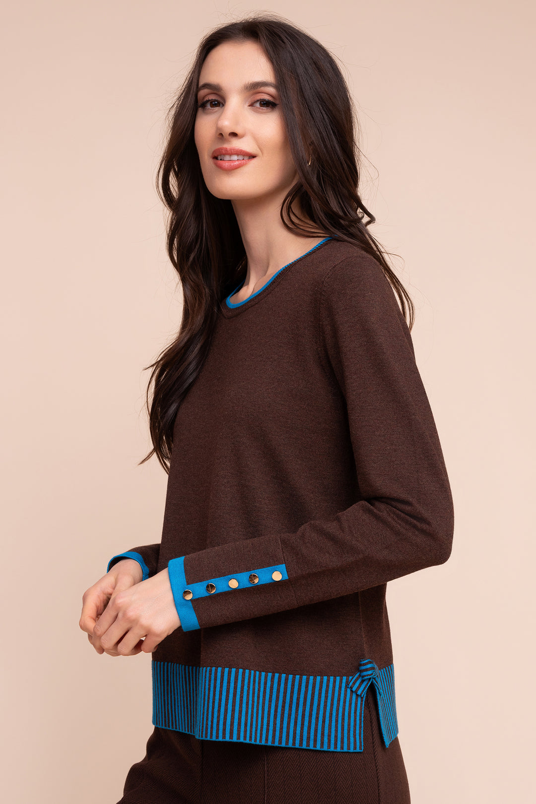 Alison Sheri A48041 chocolate brown teal trim jumper at Rouge Boutique
