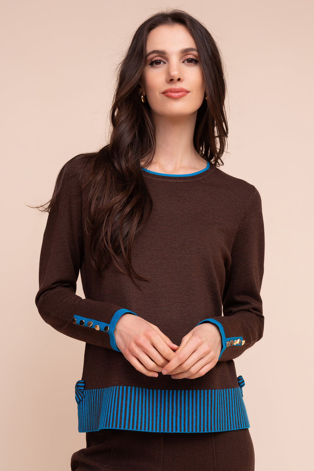 Alison Sheri A48041 chocolate brown teal trim jumper at Rouge Boutique