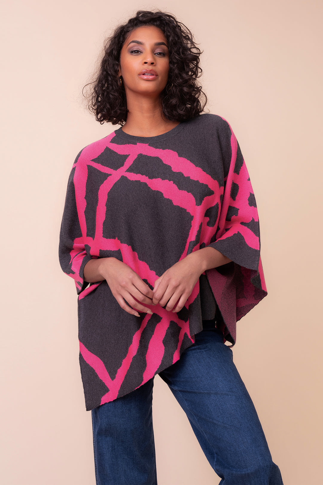 Alison Sheri A48237 fuchsia graphic knit cape at Rouge Boutique