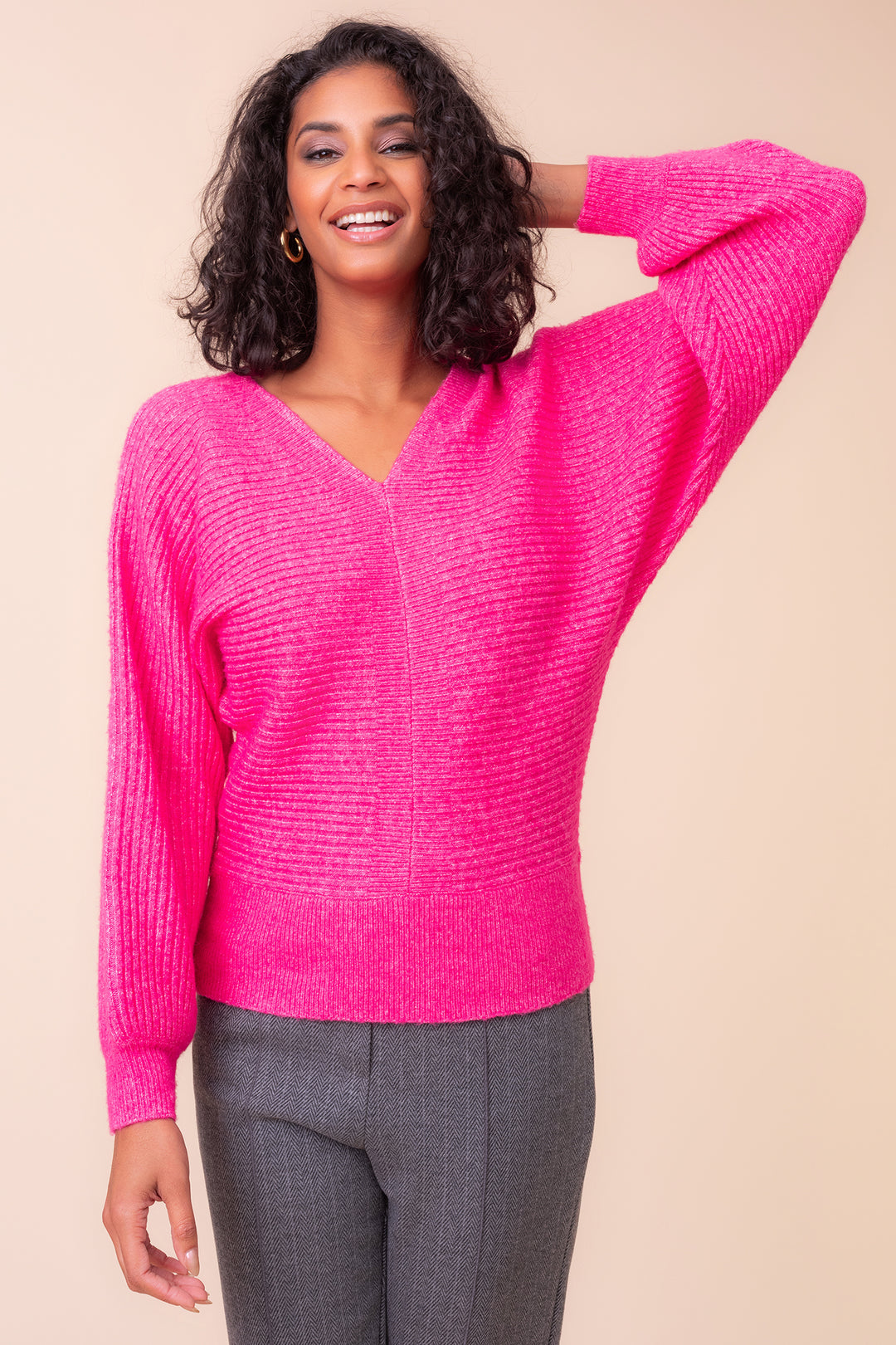 Alison Sheri A48022 fuchsia ribbed V-neck jumper at Rouge Boutique