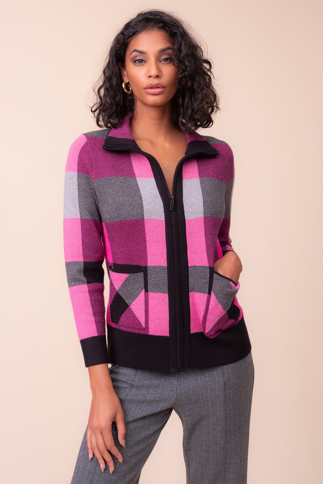 Alison Sheri A48221 fuchsia check zip cardigan at Rouge Boutique