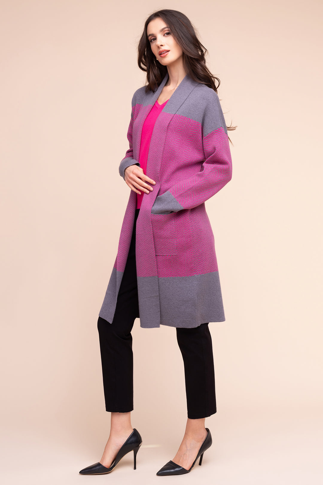 Alison Sheri A48223 Grey Fuchsia Long Cardigan Coat at Rouge Boutique