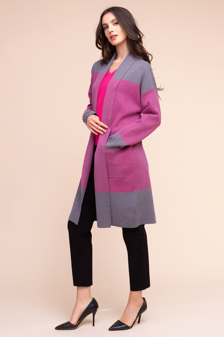 Alison Sheri A48223 Grey Fuchsia Long Cardigan Coat at Rouge Boutique
