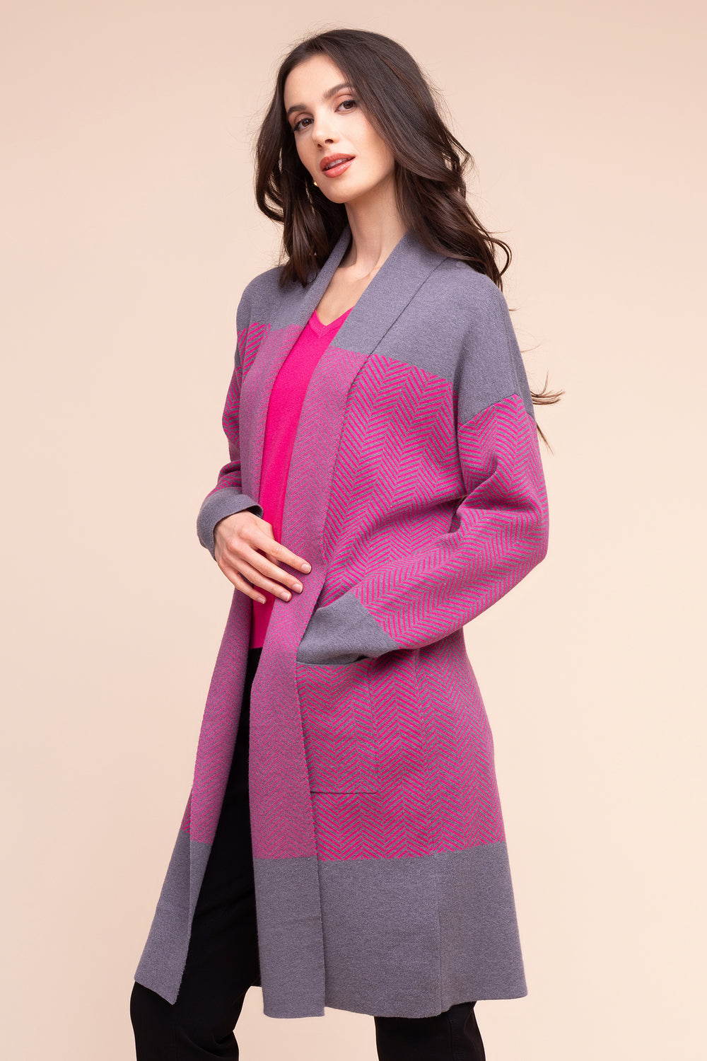 Alison Sheri A48223 Grey Fuchsia Long Cardigan Coat at Rouge Boutique