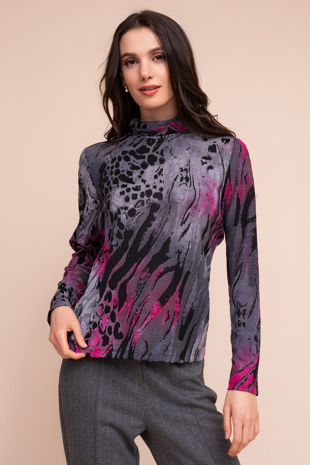 Alison Sheri A48255 grey pink animal print jumper at Rouge Boutique