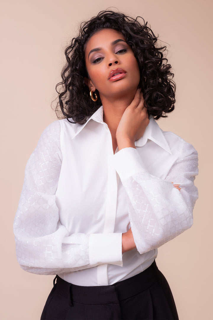 Alison Sheri A48137 off white sequin sleeve shirt at Rouge Boutique