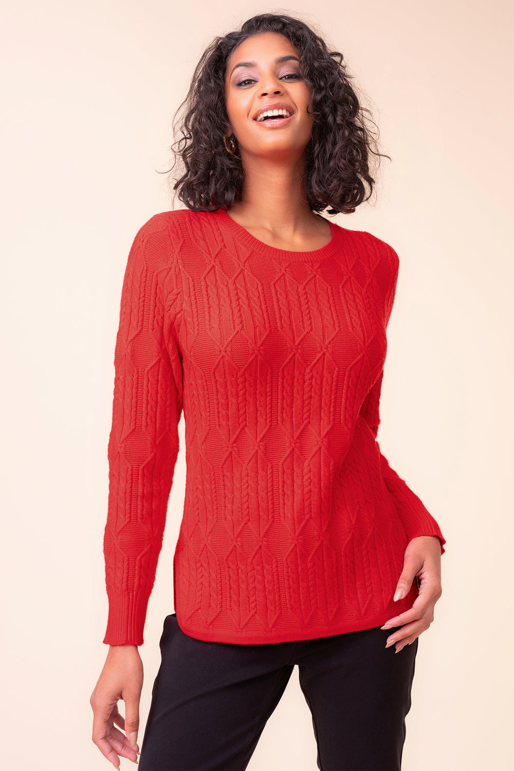 Alison Sheri A48068 red cable knit jumper and scarf at Rouge Boutique