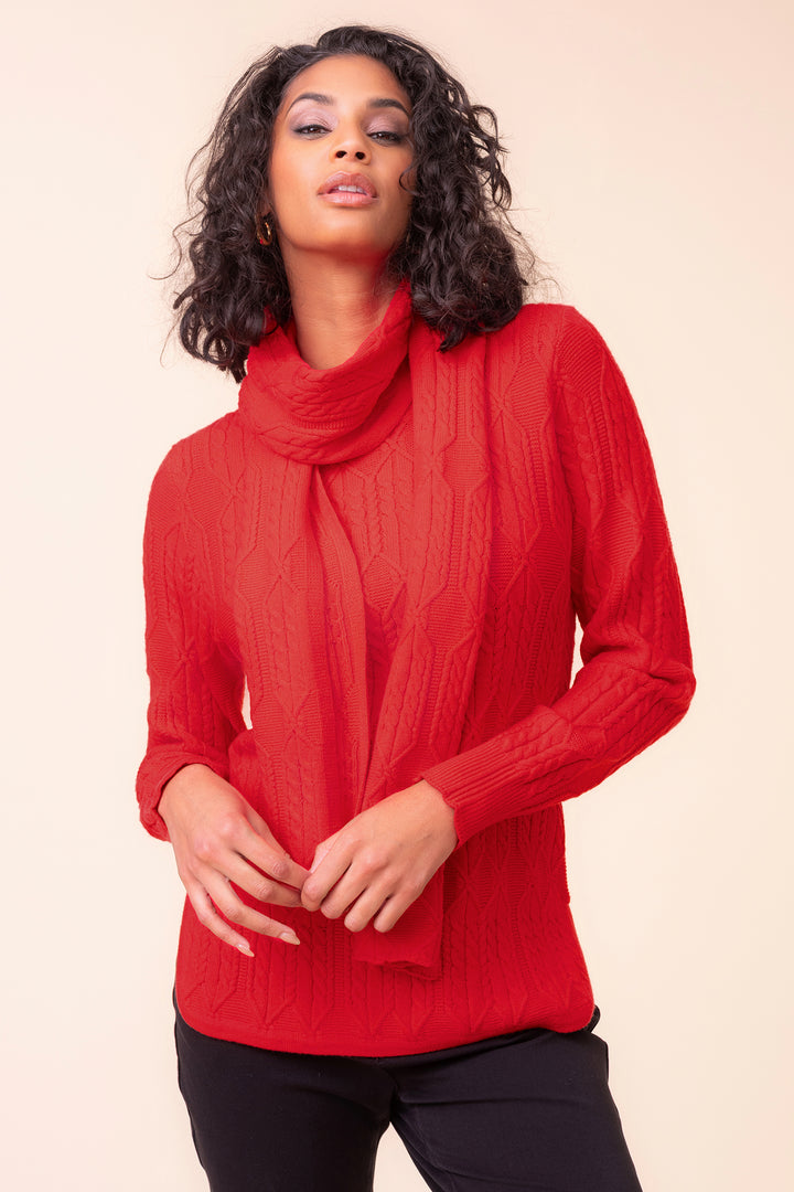 Alison Sheri A48068 red cable knit jumper and scarf at Rouge Boutique