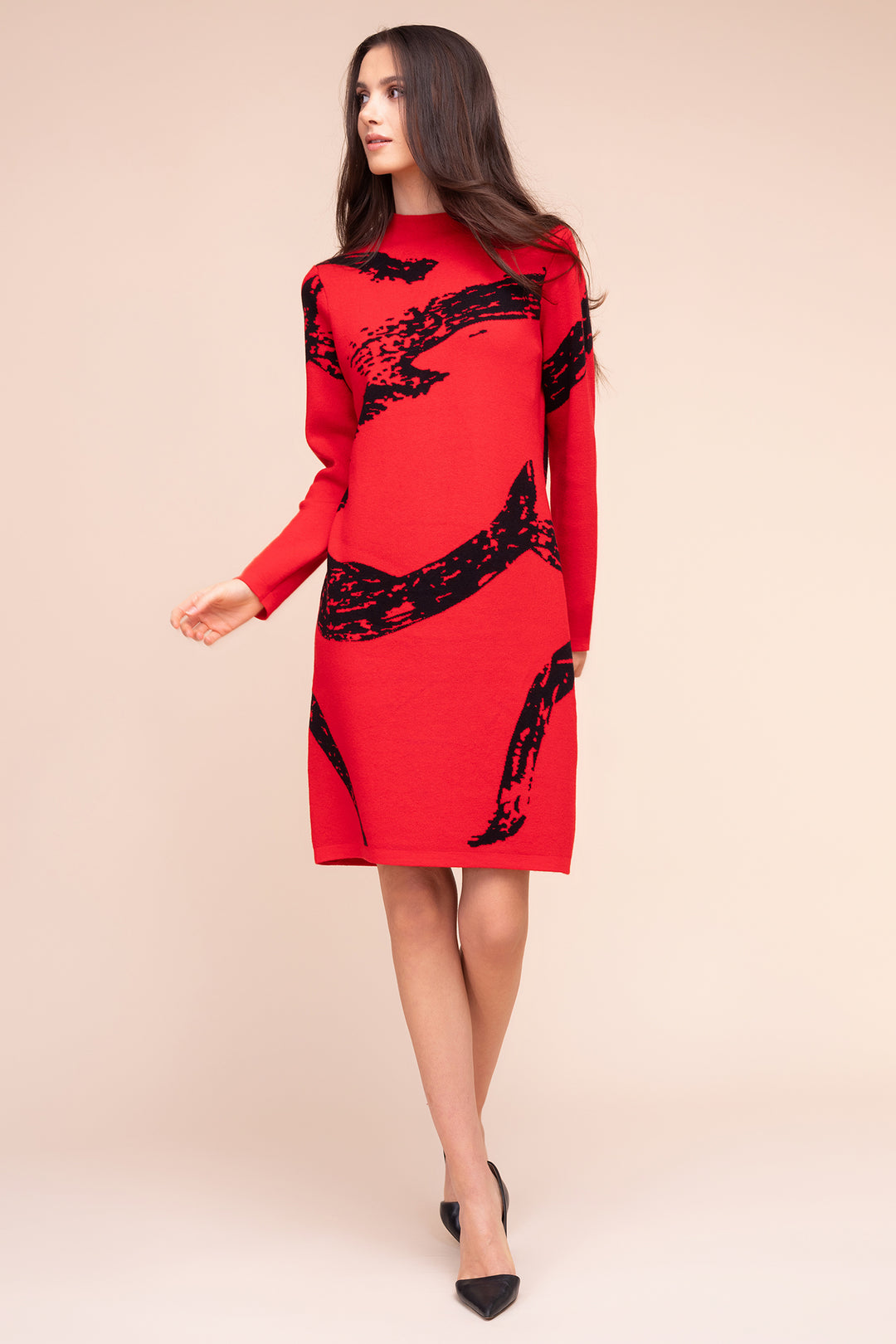 Alison Sheri A48075 red black print knit dress at Rouge Boutique
