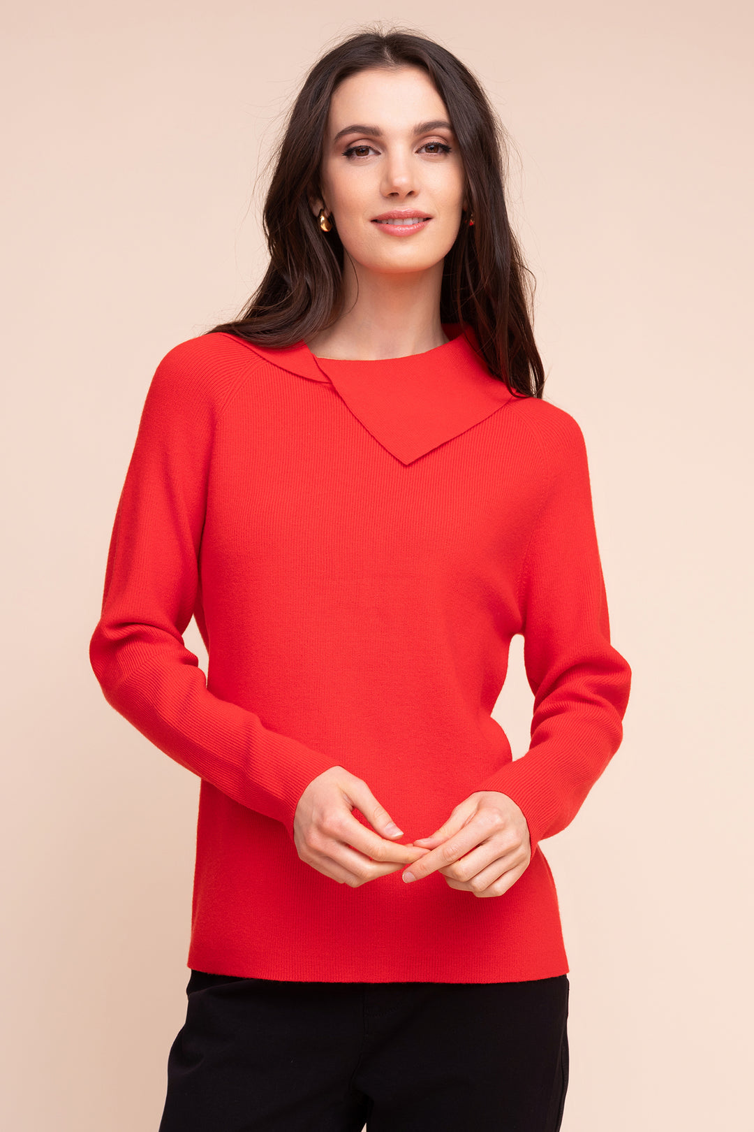 Alison Sheri A48057 red ribbed fold-neck jumper at Rouge Boutique