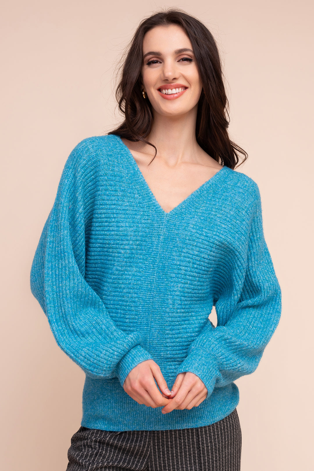 Alison Sheri A48022 teal ribbed V-neck jumper at Rouge Boutique