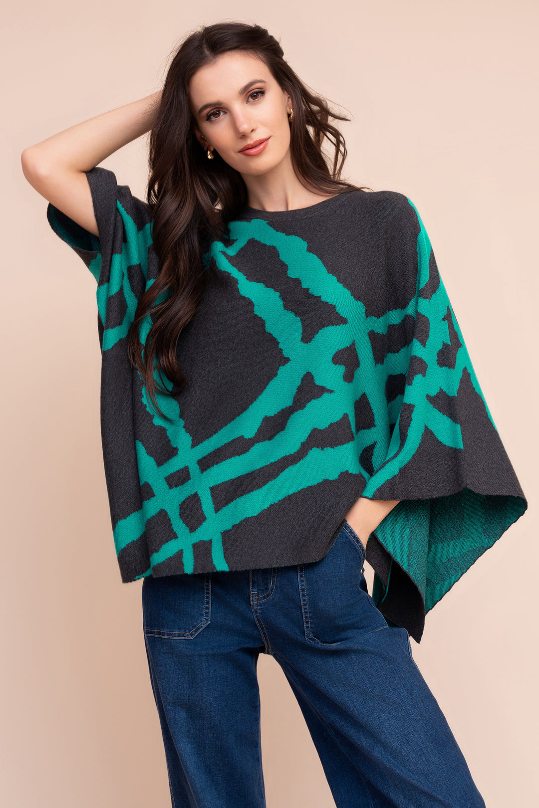 Alison Sheri A48237 turquoise graphic knit cape at Rouge Boutique