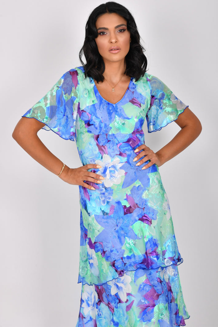 Allison 4942 Vivid Royal Purple Green Short Sleeved Silk Occasion Dress - Rouge Boutique
