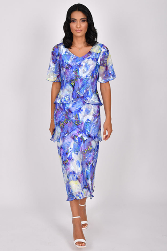 Allison 61161 Blue Yellow Short Sleeve Silk Occasion Dress - Rouge Boutique