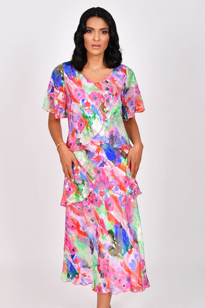 Allison 61161 Fuchsia Pink Print Short Sleeve Silk Dress - Rouge Boutique