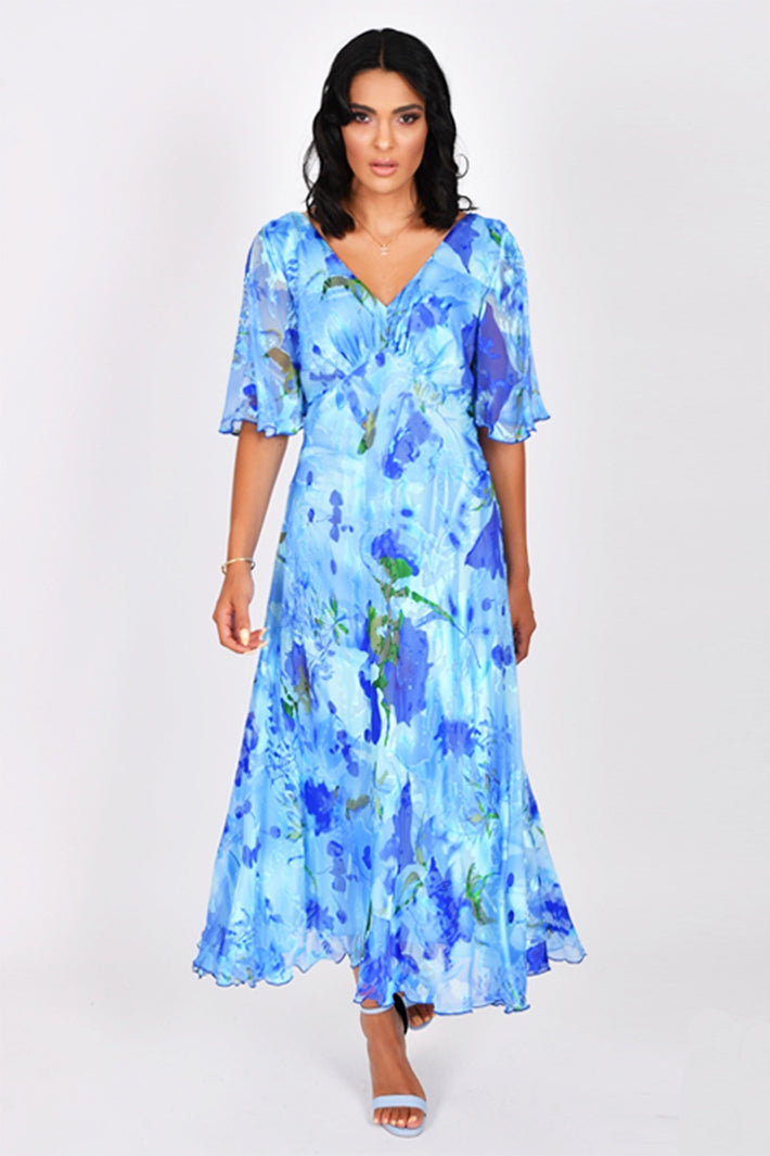 Allison 6160 Blue Green Print Short Sleeve Silk Dress - Rouge Boutique