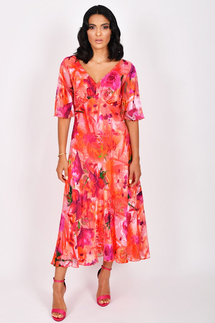 Allison 6160 Orange Pink Green Short Sleeve Silk Dress - Rouge Boutique Inverness
