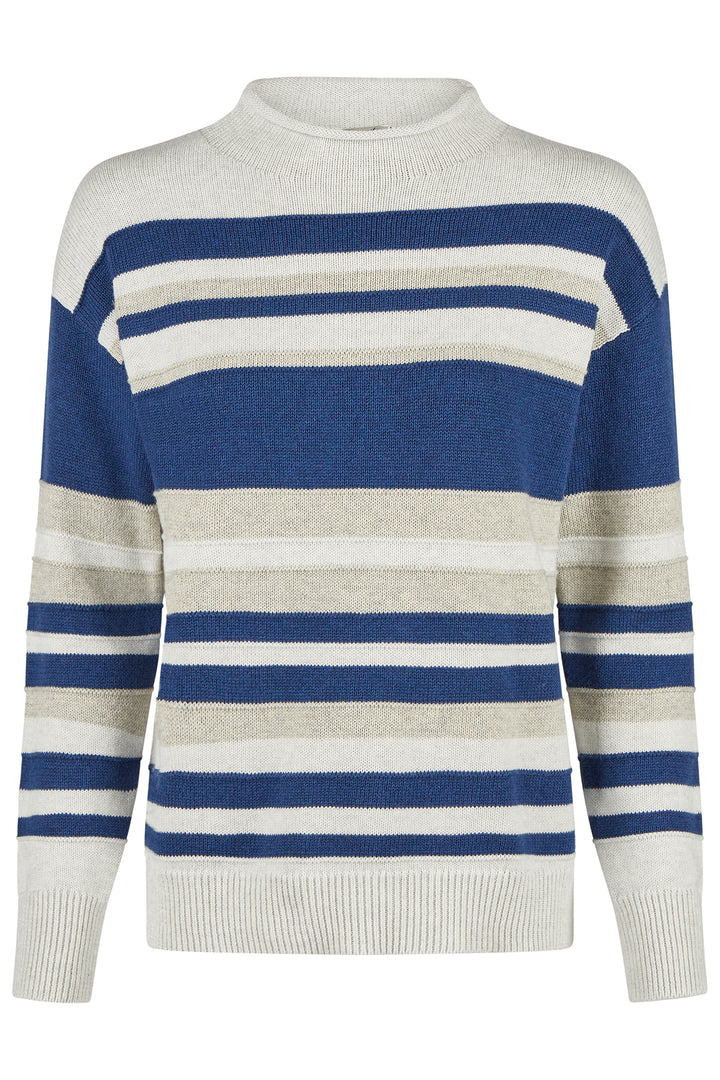 Striped sweater with blue and beige colors on a white background