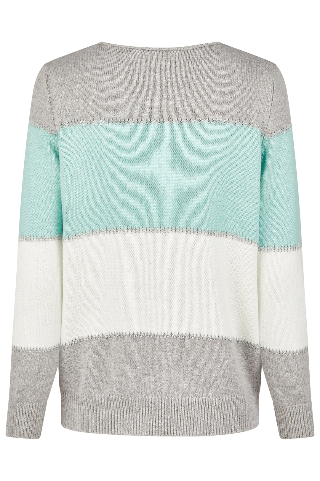 Colour-blocked sweater with grey, mint green , and white sections on a white background