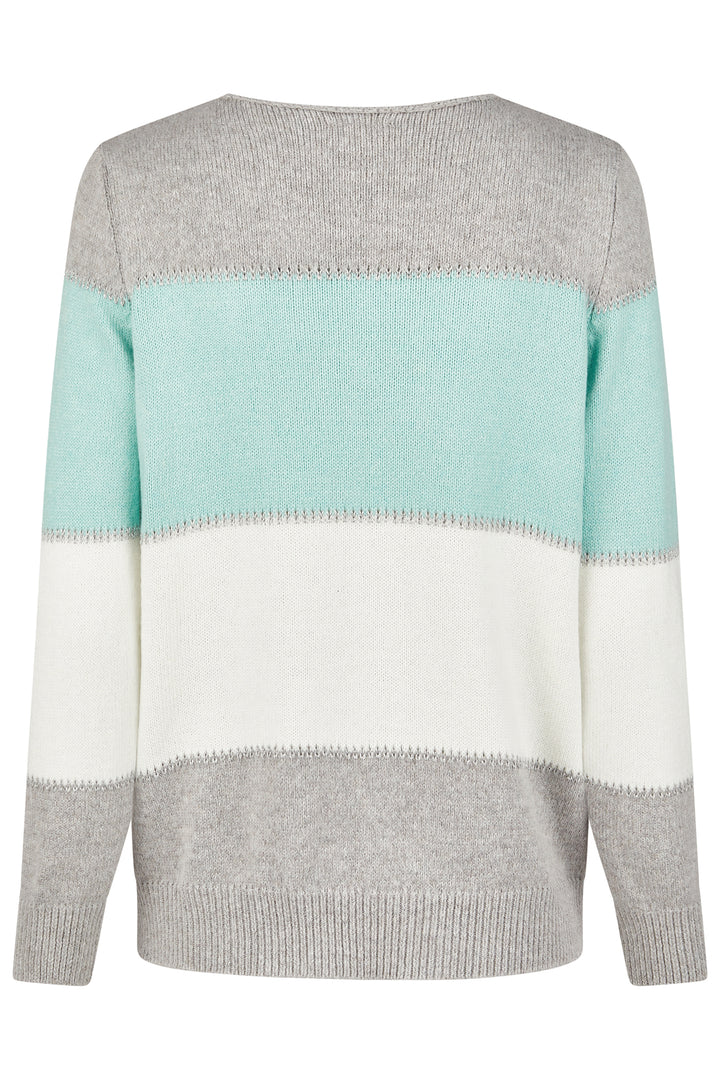 Colour-blocked sweater with grey, mint green , and white sections on a white background
