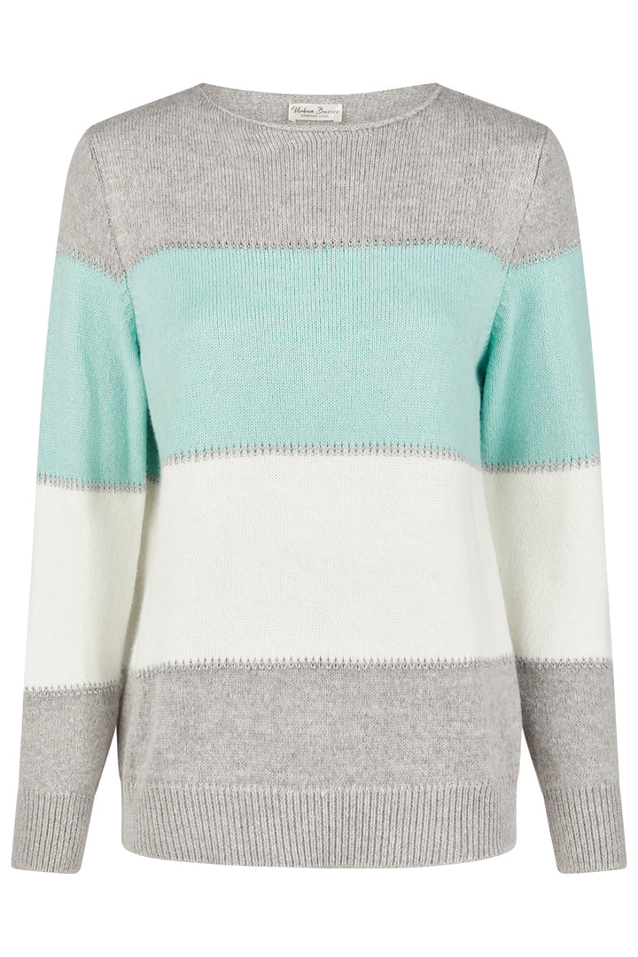 Colour-blocked sweater with grey, mint, and white sections on a white background