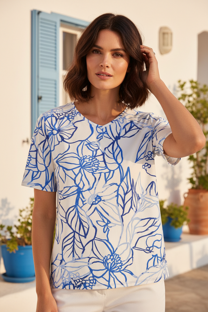 Barbara Lebek 57710062 Ocean Blue Flower Outline T-Shirt 771