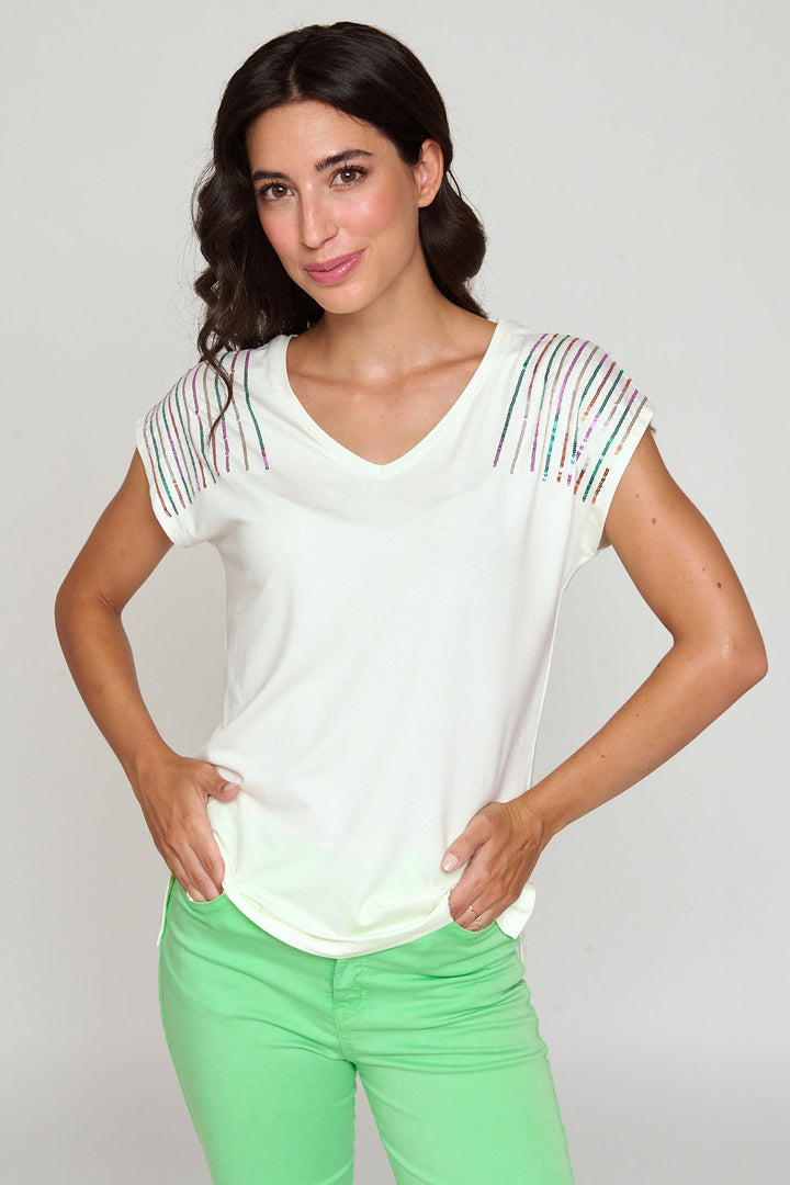 Bariloche Aracena White V-Neck Multicolour Sequin Shoulder Top - Rouge Boutique Inverness