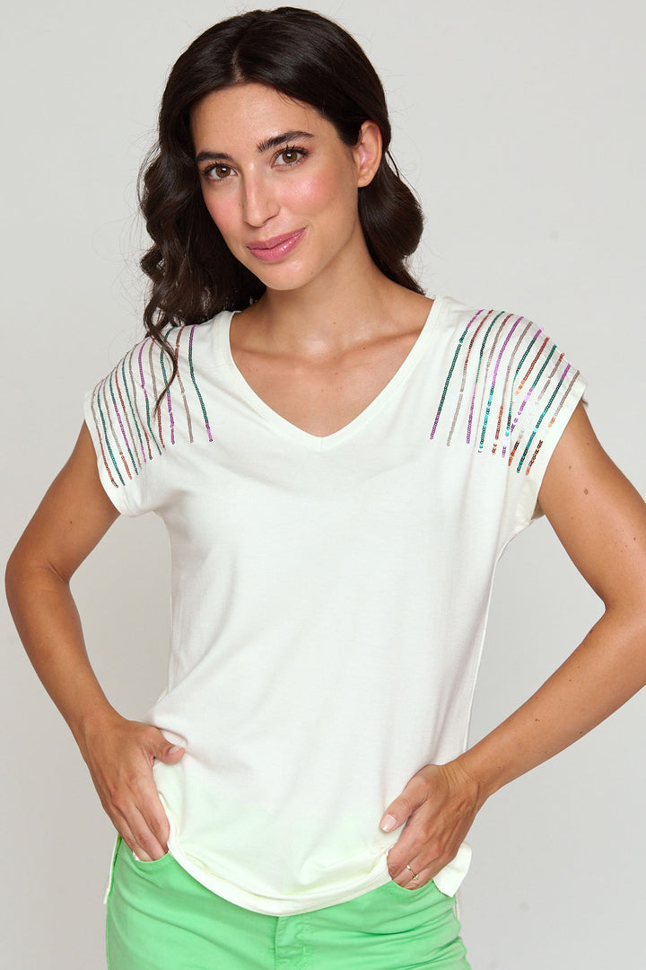 Bariloche Aracena White V-Neck Multicolour Sequin Shoulder Top - Rouge Boutique Inverness