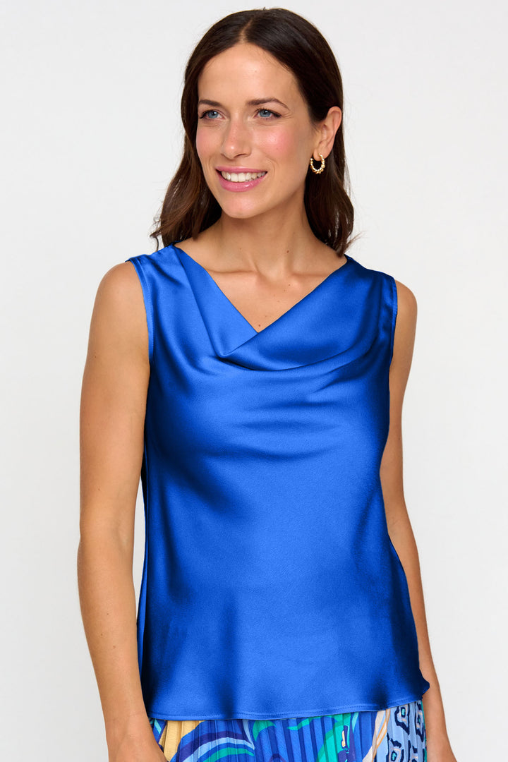 Bariloche Jerez Cobalt Blue Satin Cowl Neck Top - Rouge Boutique Inverness