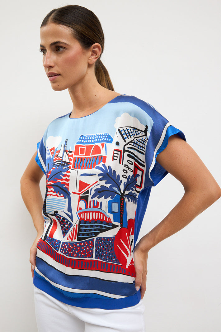 Bariloche Sorano Royal Blue Tropical Print Round Neck Top