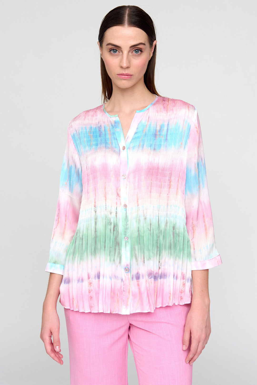 Bariloche Abaran Pink Tye-Die Print Three-Quarter Sleeve Shirred Shirt - Rouge Boutique Inverness