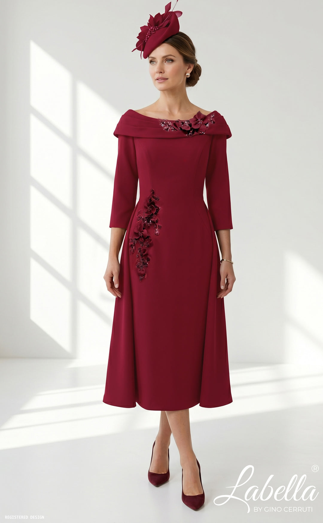 Labella Elowenna Dress in Burghandy with Overskirt, Bardot Neck