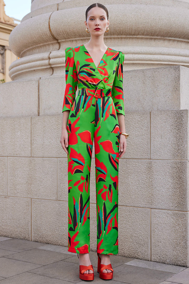 Carla Ruiz 99630 Green Print Jumpsuit With Belt - Rouge Boutique