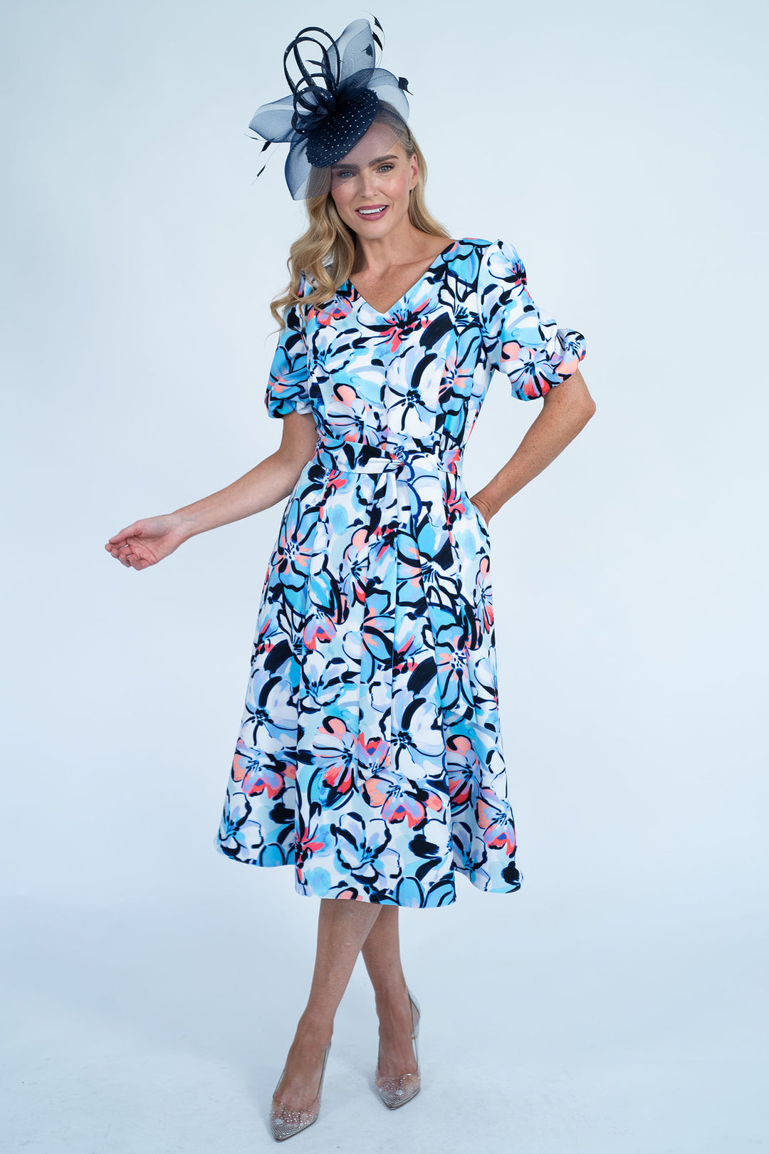 Coco Doll CD226 Modi Blue Abstract Flower Print Occasion Dress - Rouge Boutique