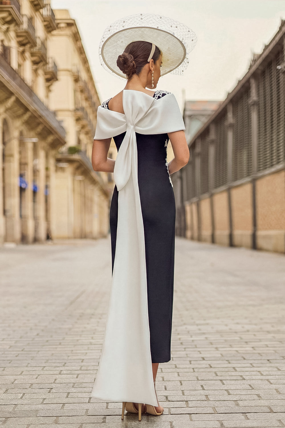 Couture Club Black/Natural Crepe Mermaid Dress 2G14, back view full length