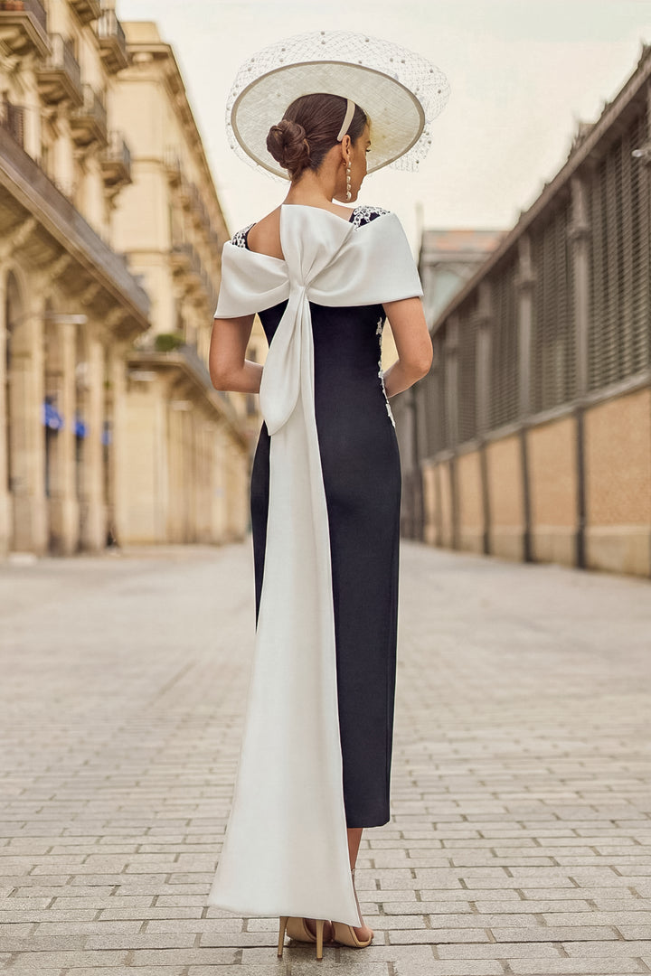Couture Club Black/Natural Crepe Mermaid Dress 2G14, back view full length