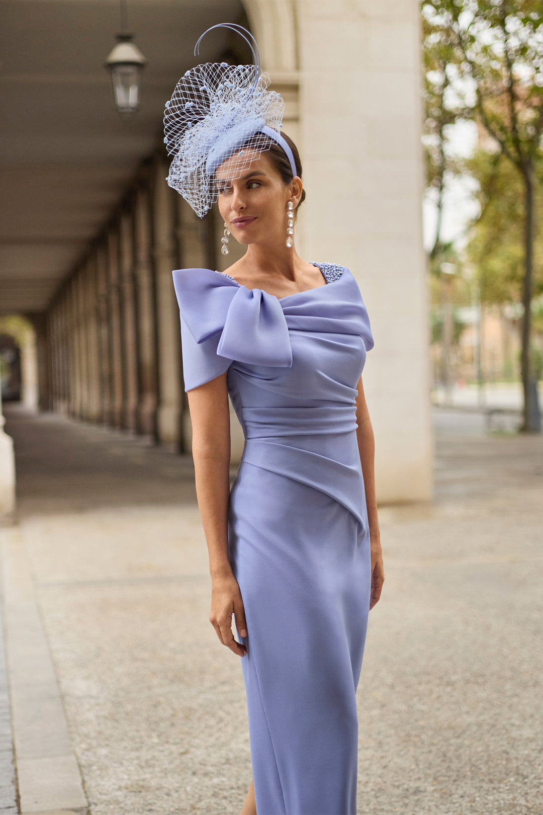 Couture Club Lavender Crepe Evening Dress 2G15, three-quarter view full length