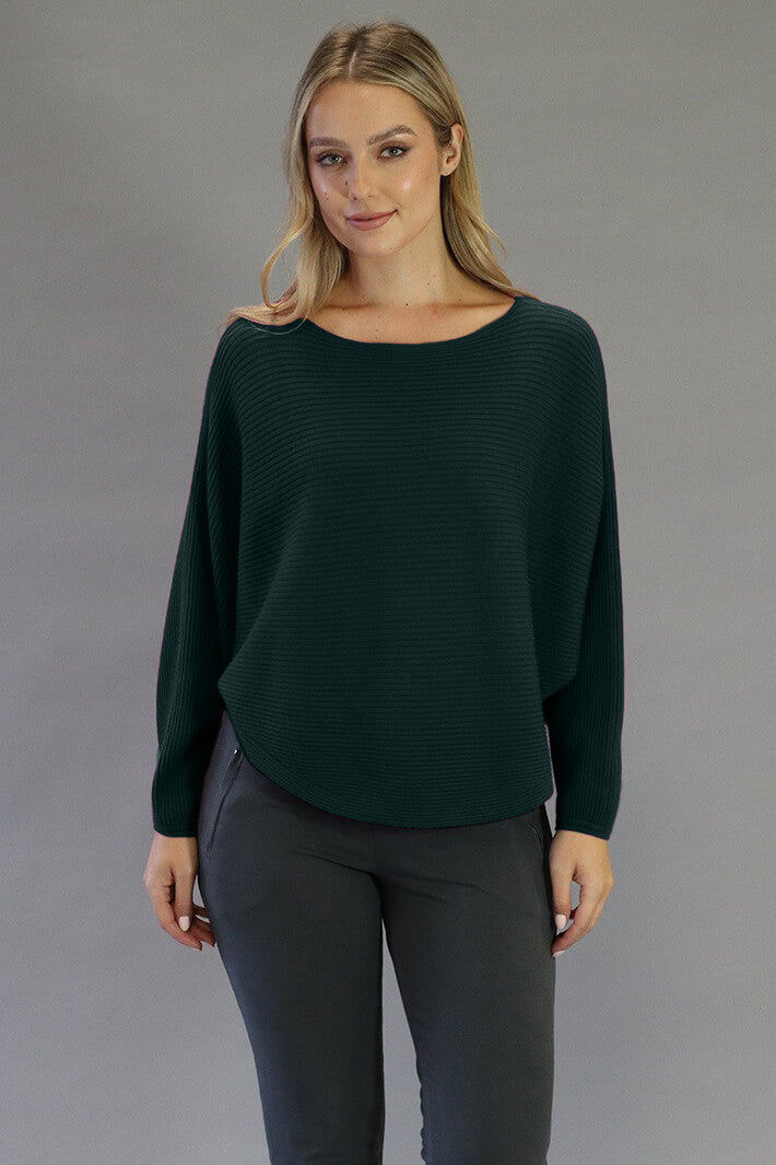 Deck 8948 Green Ribbed Knit Batwing Sleeve Jumper - Rouge Boutique
